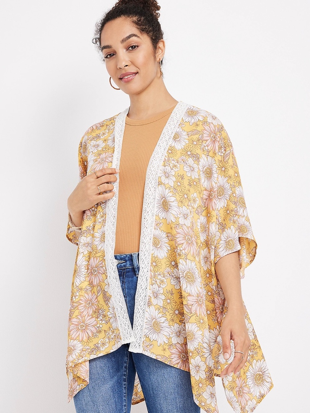 Maurices Mustard Yellow Floral Crochet Trim Boho Kimono One Size